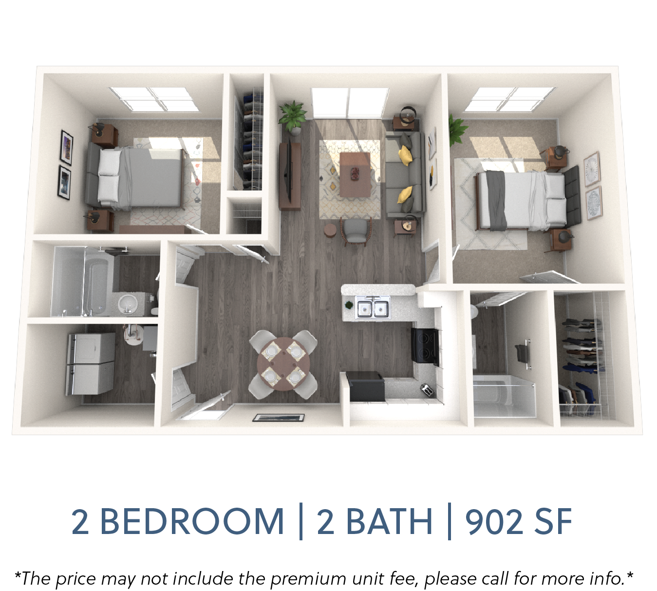 Floor plan for 2 beds, 2 baths, 902 sqft